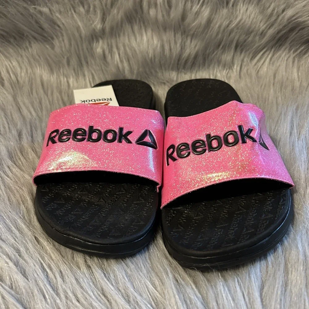 Reebok Slides Girls Size 4 Pink Black Sparkly Glitter Slip On‎ Sandals Shoes NWT